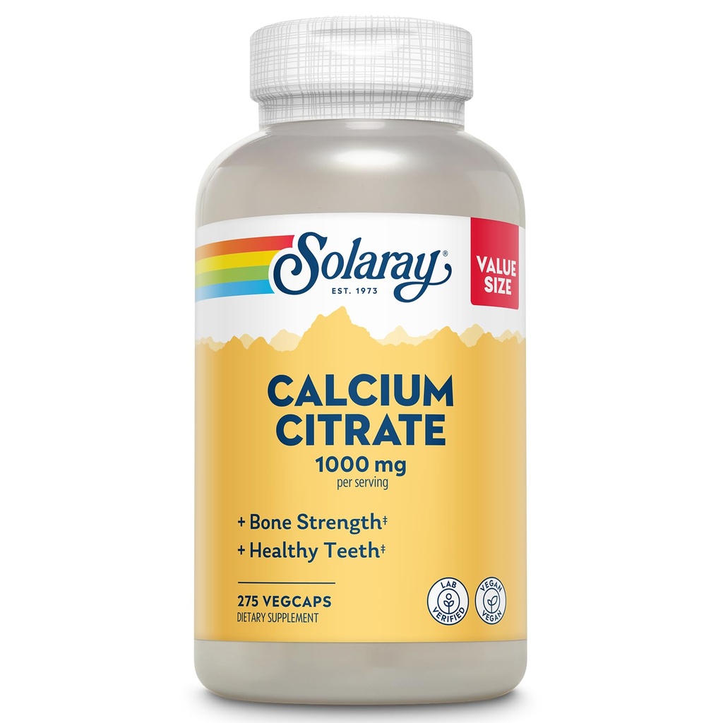 Solaray Calcium Citrate 1000 מ"ג - תוספת Chelated Calcium - תומך בעצמות העצם ושיניים בריאות - Easy to Digest - 60 יום ערבות, טבעוני - 68 משרתים, 275 VegCaps