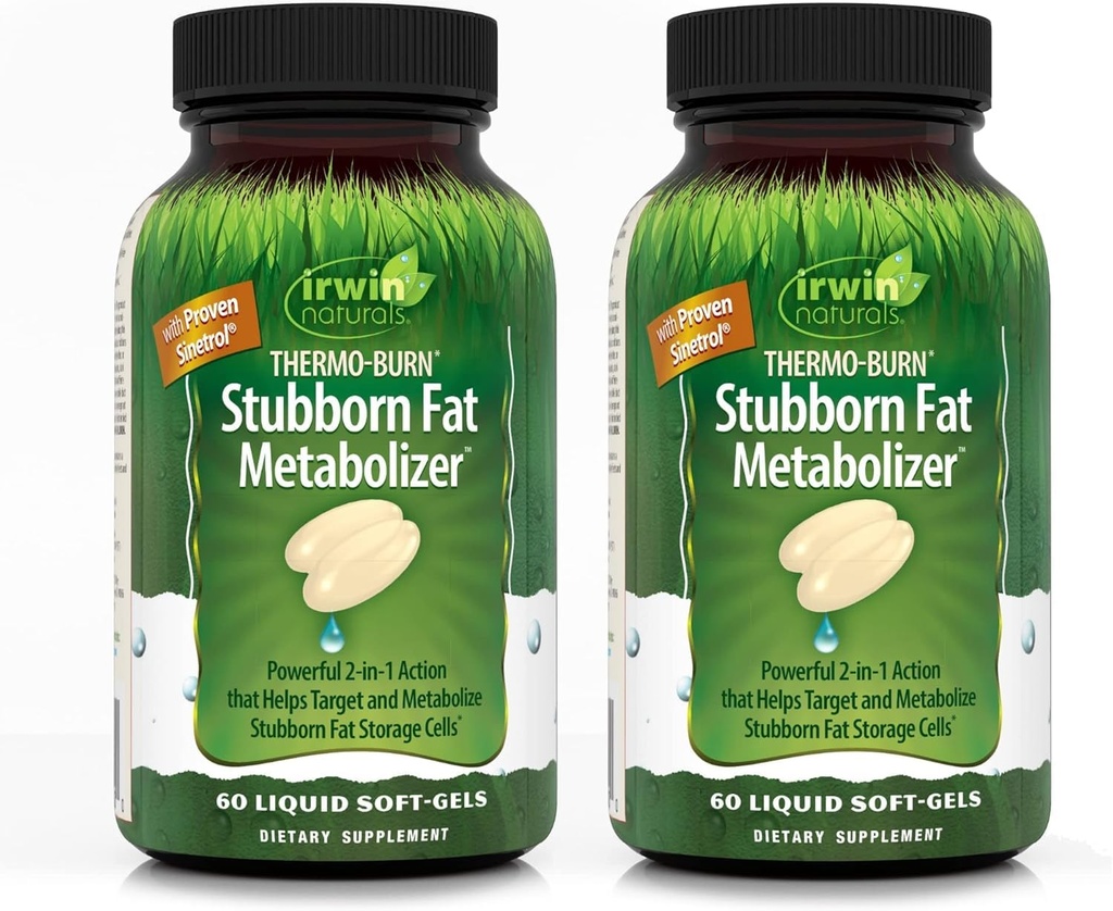 Irwin Naturals Thermo-Burn Stubborn Fat Metabolizer - 60 נוזל Soft-Gels, Pack of 2 - Helps Target & Metabolize Stubborn Fat Storage Cells - 40 Total Serves