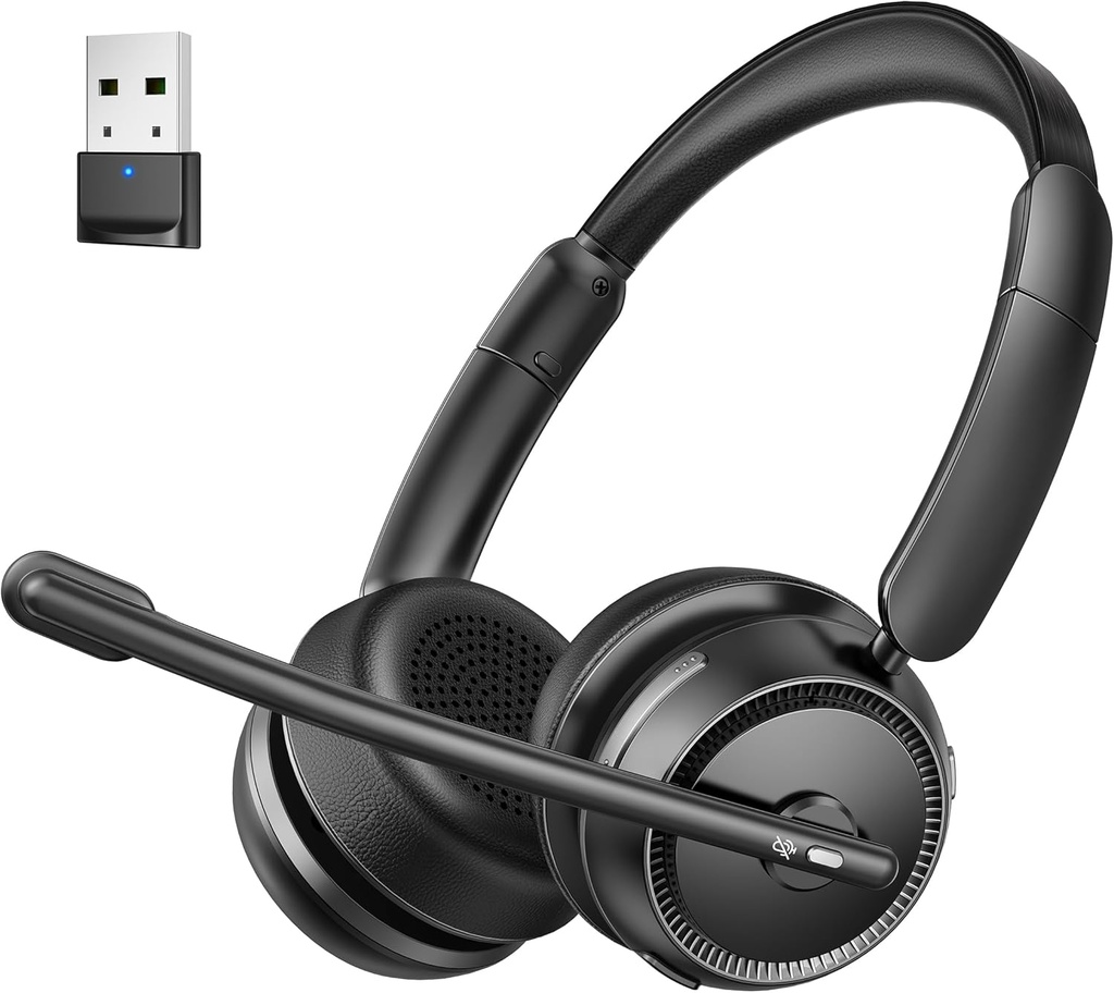 Bluetooth Headset with AI Noise בוטלה Microphone, Stereo HiFi Bluetooth אוזניות, Wireless Headset with USB Dongle for Computer Office Call Center Skype Meeting Trucker