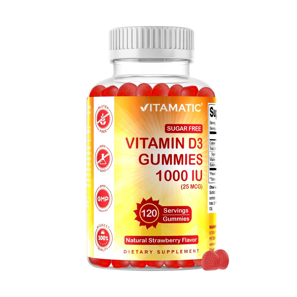 Vitamatic Sugar Free ויטמין D3-120 Pectin מבוסס חניכיים - טעם גדול - עצמות בריאות, Mood & Immune System Function - Non-GMO - 120 משרתות (1000 IU)