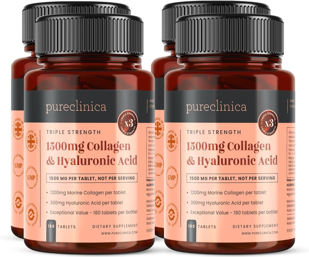 Pureclinica Triple Power Collagen & Hyaluronic Acid - 1500 מ"ג לכל Tablet | 720 טבליות (4 בקבוקים של 180)