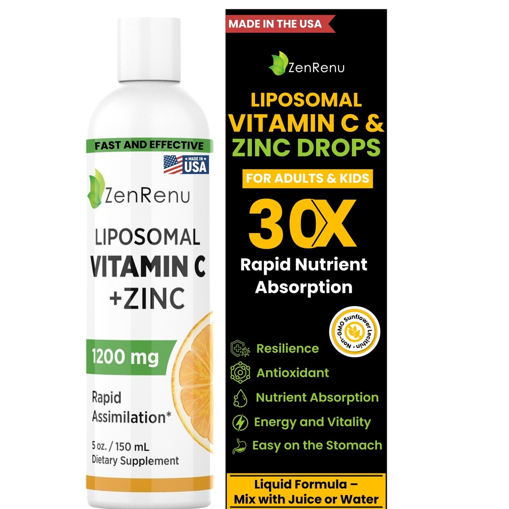 Zenrenu Liposomal ויטמין C ו- Zinc שתייה נוזלית למבוגרים ולילדים - Non GMO Sunflower Lecithin - Max Antioxidant & Immune Support, 5 oz / 150 מ"ל