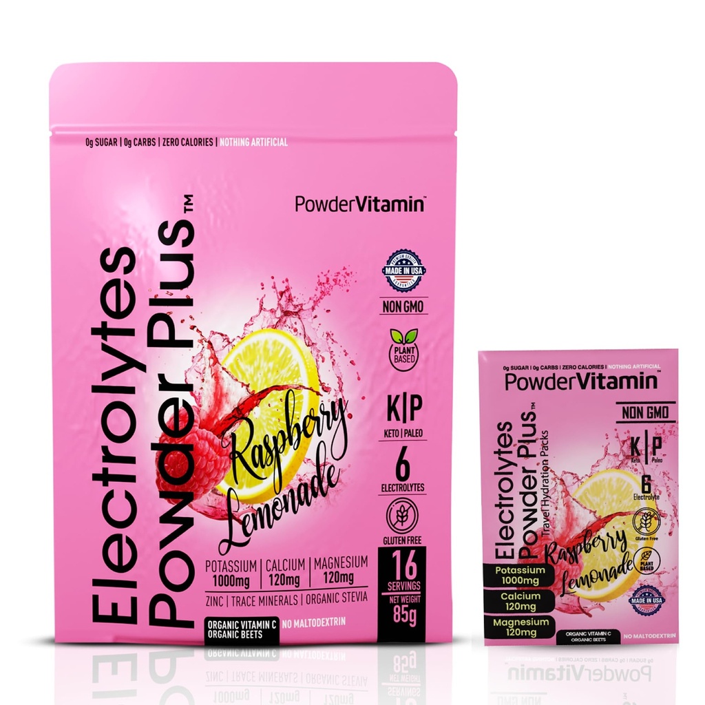 אבקהVitamin אלקטרוליט אבקת פלוס, Keto, Raspberryade, סוכר חינם, מלח ההימלאיה ורוד, 1000 מ"ג פוטאסום, 120 מ"ג Calcium, 120 מ"ג מגנזיום, Non-GMO, Zero Calories, (16 hydrotion Packets)