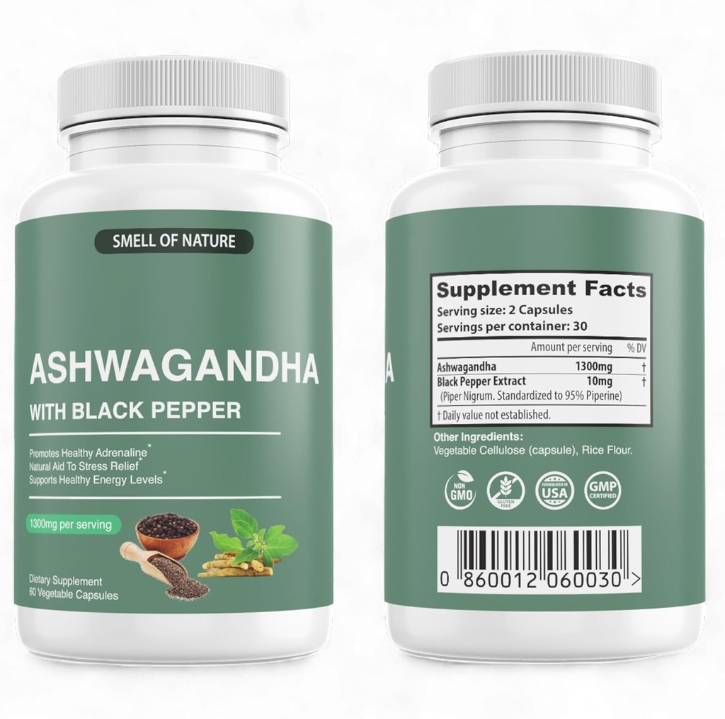 הריח של הטבע אורגני Ashwagandha תוספי מזון שחור - 1300 מ"ג טהור Ashwagandha לחלץ - תמיכה באנרגיה - non-GMO, Gluten-Free, טבעוני - 60 קפסולות