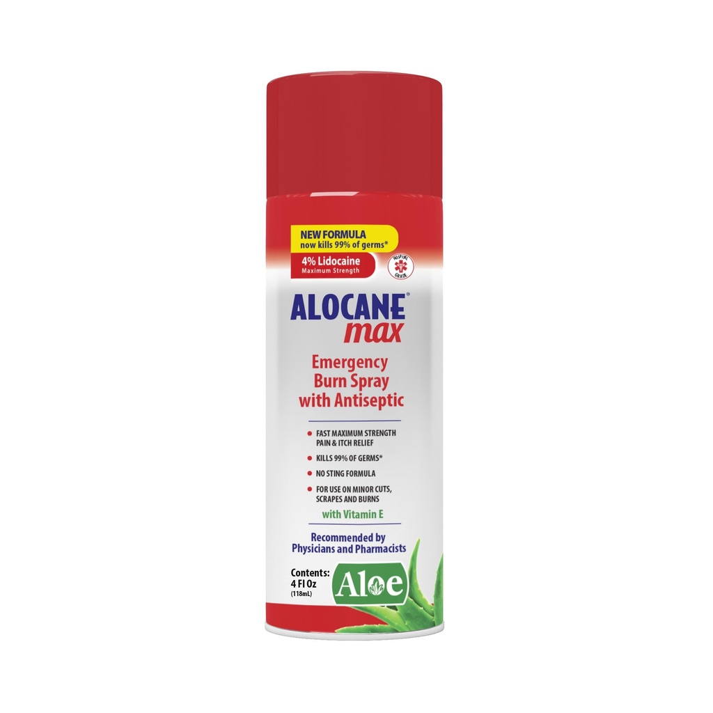 ALOCANE חירום Burn Spray, 4% Lidocaine Max מחזקת את הכאב המהיר להקלה על צרבת קטינים, Sunburn, Kitchen First Aid Burn Care, 4 Fl Oz