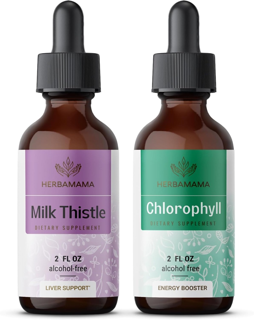 HerBAMAMA Herbal Liquid טיפות Kit - Bundle של חלב פריט 2 oz ונוזל Chlorophyll 2 fl oz - ייצור נוזלי טבעוני - non GMO, סוכר ואלכוהול חינם - 2 Pack