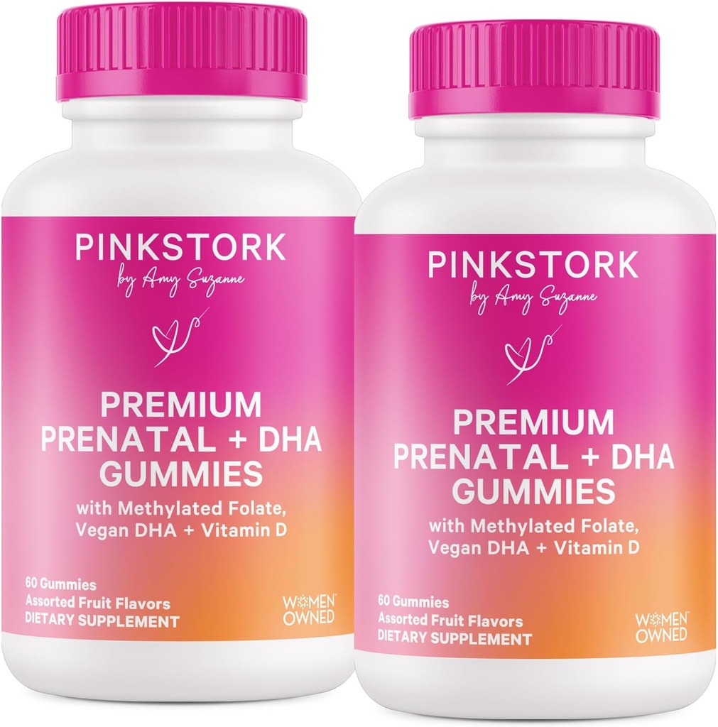 Pink Stork Premium Prenatal Gummy ויטמינים עם DHA, Folate, ויטמין D - 60 חניכיים טבעוניות - 2 Pack