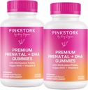 Pink Stork Premium Prenatal Gummy ויטמינים עם DHA, Folate, ויטמין D - 60 חניכיים טבעוניות - 2 Pack