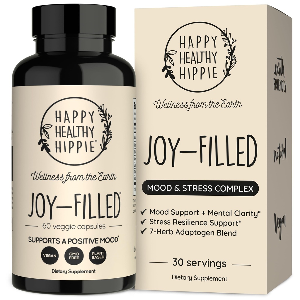Joy-Filled Mood Support Supplement - 7 Herb Complex w/St. Johns Wort | Stress Relief - Helps Calm The Mind & Body | 100% גלולות מאושרות המבוססות על צמחים, Ashwagandha, Rhodiola Rosea | הסתגלות, 60 Cttm The Mind & Body