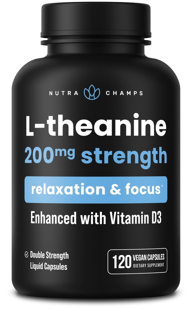 NutraChamps L-theanine 200 מ"ג קפסולות | Double-Strength L-theanine נוזל עם ויטמין D3, שמן קוקוס אורגני | תמיכה Mood, Focus, Stress Relief | עבור ילדים ומבוגרים | 120 קפסולות טבעוניות