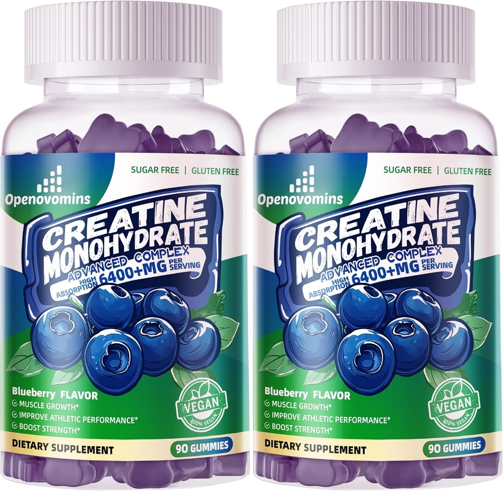Creatine Monohydrate Gummies Complex for Men & Women - מתקדם פורמולה W / L-Taurine + ויטמין B12, סוכר חינם צ'יפות, 180 חניכיים Blueberry 2pack