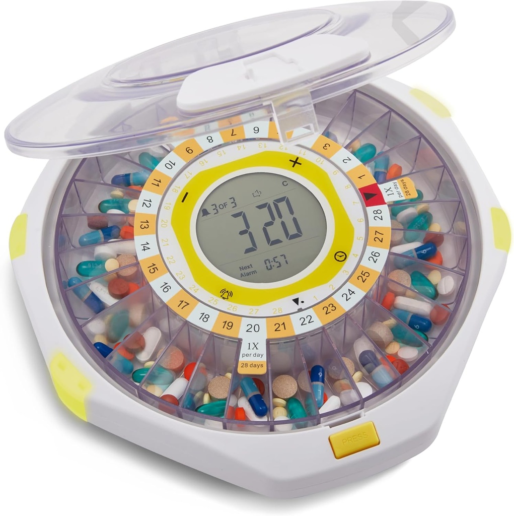 LiveFine Bluetooth Automatic Pill Dispenser, 28-Day Capacity, Sound & Light Alerts, Key Lock, LCD & Easy Setup on the LiveFine App for Prescriptions, תרופות, ויטמינים ותוספים - Clear Lid