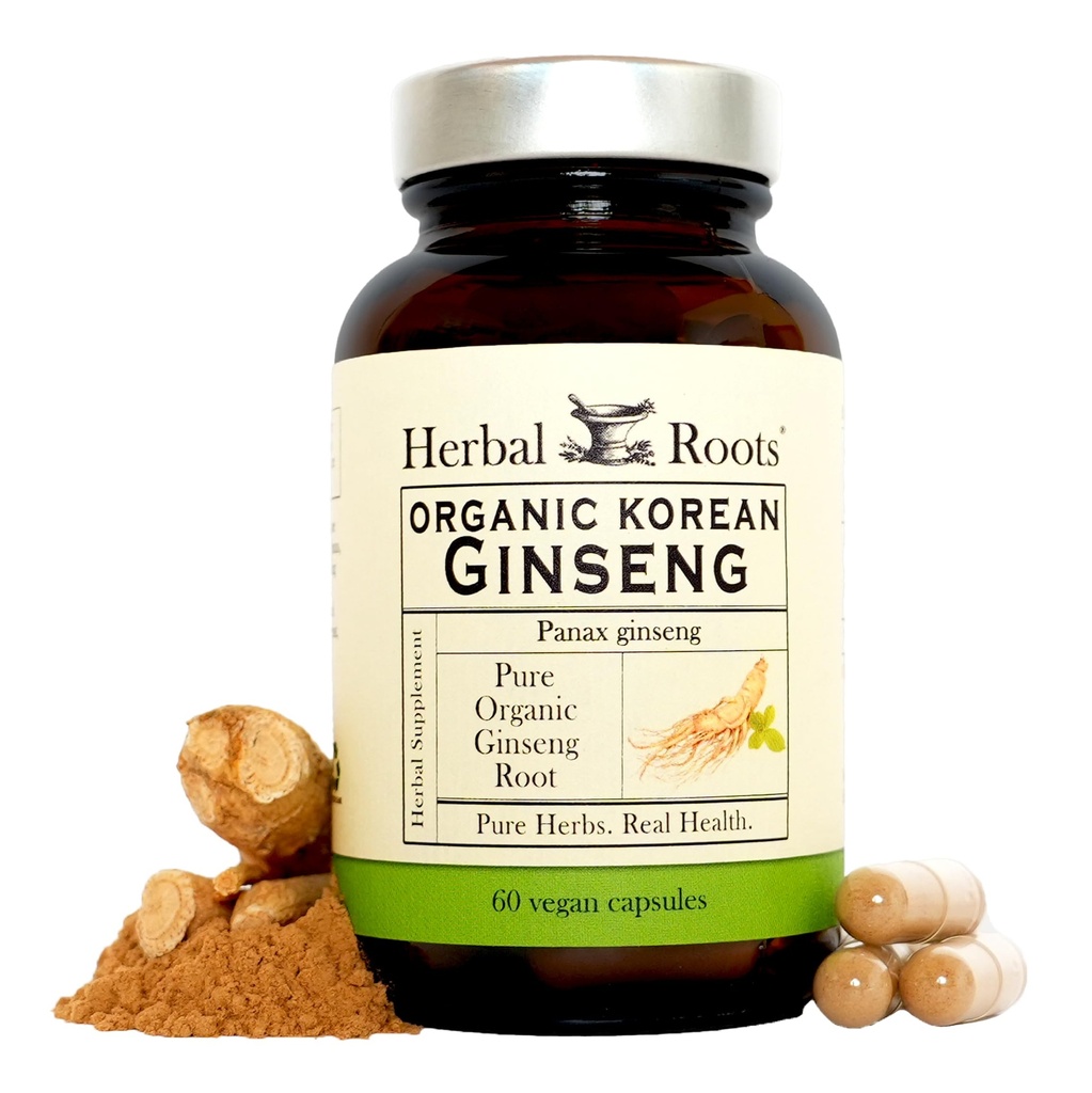 Herbal Roots Panax גינזנג | אורגני גינזנג שורש אבקה | 1000 מ"ג | High Genesenosides for Energy & Performance | 60 קפסולות טבעוניות