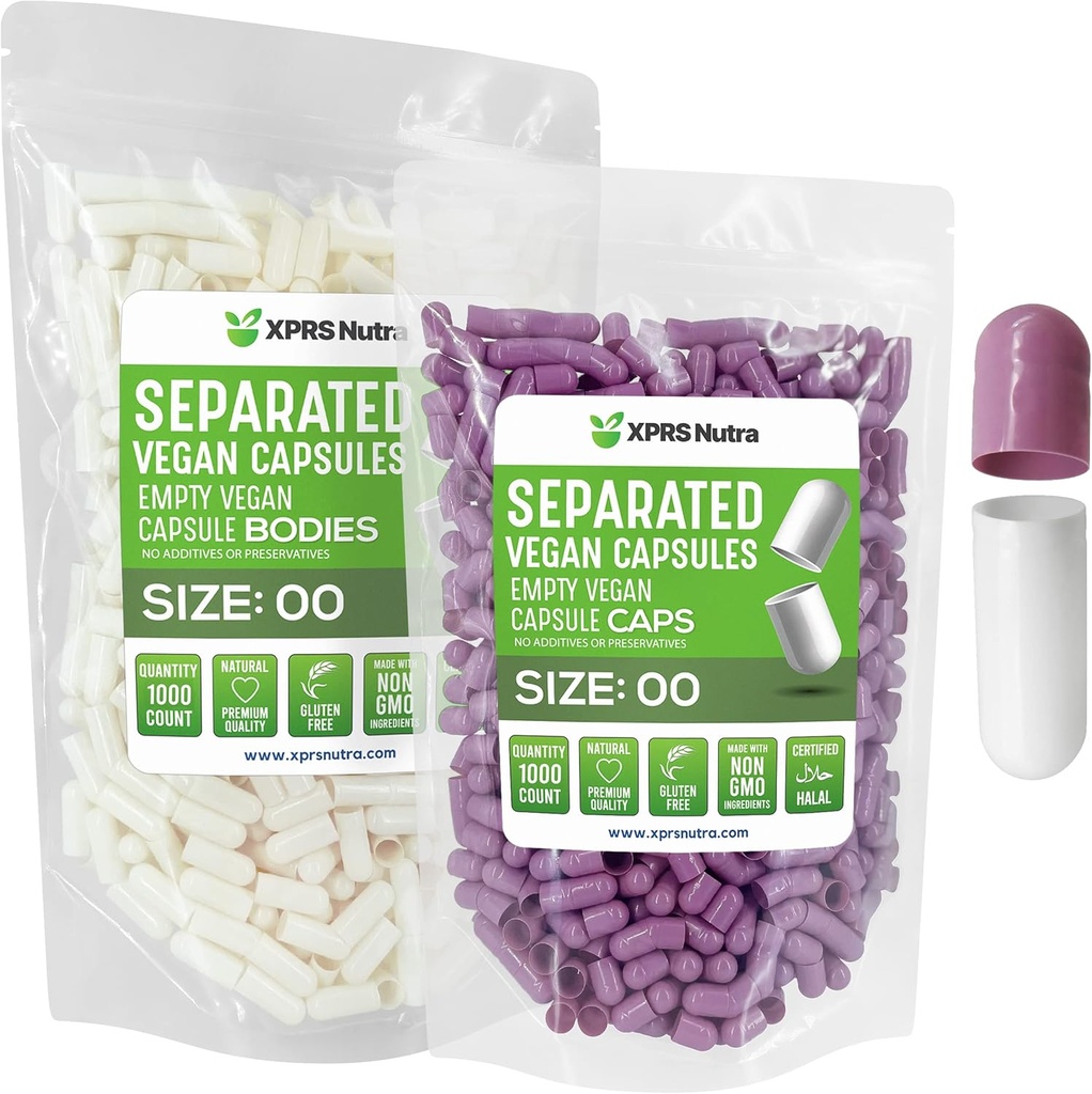 XPRS Nutra Vegan Size 00 בנפרד קפסולות - 1000 Count Premium ריקה קפסולות נפרדות ב Bags - 00 Pills ריקה עבור תוסף DIY (Lavender / לבן)