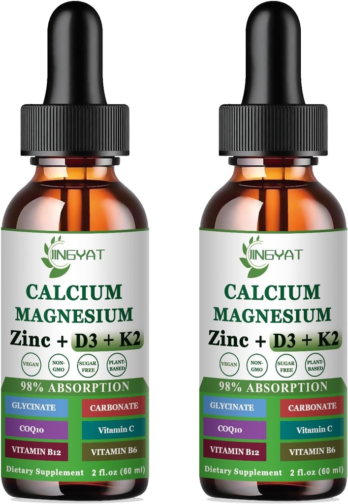 Calcium Magnesium Zinc נוזל טיפות, מגנזיום נוזלי Glycinate 500 מ"ג Calcium 1000 מ"ג עם ויטמין D3,K2,B6,B12,Coq10,6X חזק יותר מאשר מסטיקנים קפסולות (2 Pack)