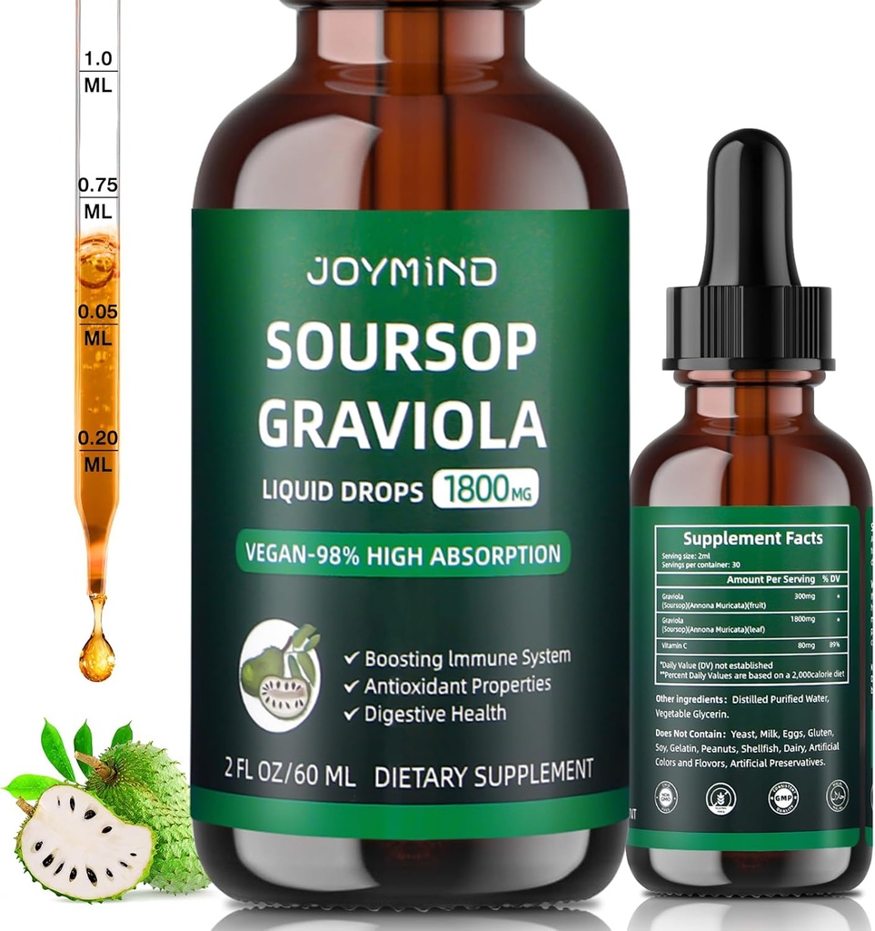 Graviola Soursop Leaf נוזל - Soursop bitters נוזל, Immune Boost, להירגע, Liver ושינה, טבעוני, סוכר וגלוט חינם, 98% Absorption Rate, Natural Flavor, 2 חודשים אספקת 60ML
