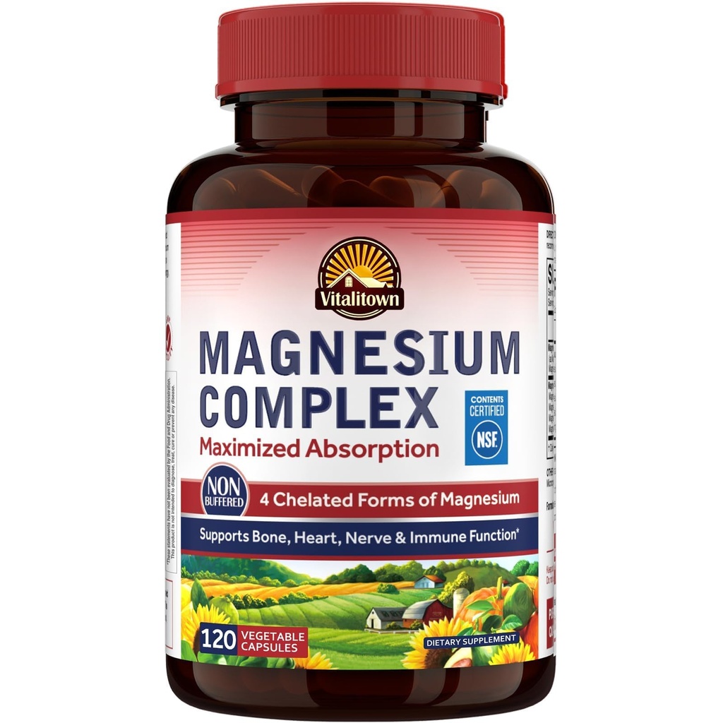 Vitalitown Magnesium מורכב 500 מ"ג - NSF מוסמך Magnesium Glycinate, Malate, Turate & Citrate - Chelated High Absorption & Gentle על Stomach - טבעוני non-GMO 120 קפסולות