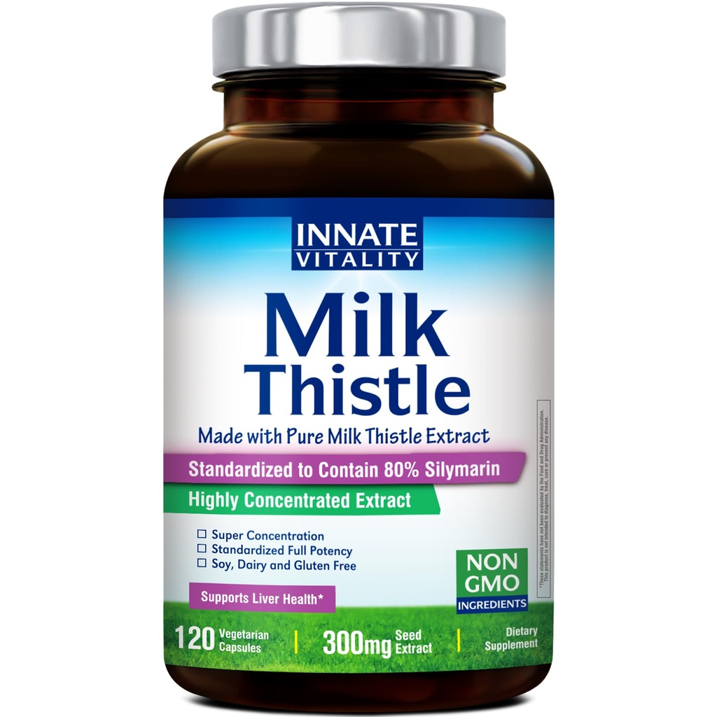 Innate Vitality Organic Milk Thistle תוסף, 300 מ"ג, 80% Silymarin Flavonoids, Liver Health, Detox & ניקויsing, Made בארה"ב, non-GMO, 120 קפסולות Veggie