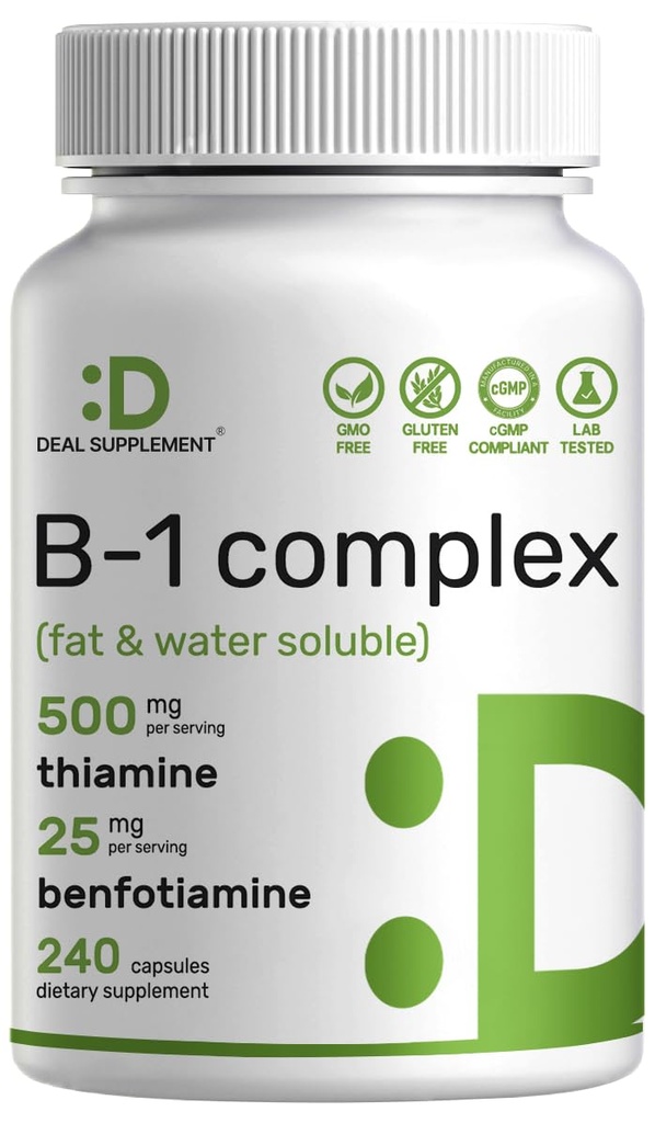 ויטמין B1 500 מ"ג עם Benfotiamine, 240 קפסולות - 2 ב-1 פורמולה משופרת - שומן & מים Soluble Thiamine B1 - צד שלישי נבדק, non-GMO, No Gluten Gluten