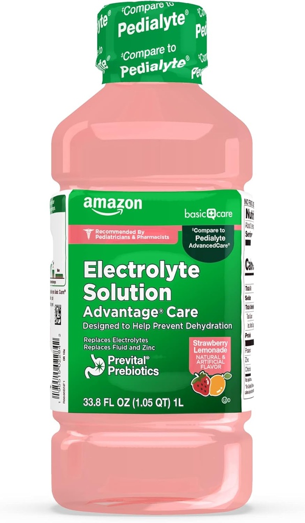 פתרון טיפול בסיסי לאלקטרוליט עם Prevital Prebiotics, Strawberry Lemonade, hydrotion Drink, Replenish Electrolytes, Fluid & Zinc, 33.8 floz (Pack של 1)