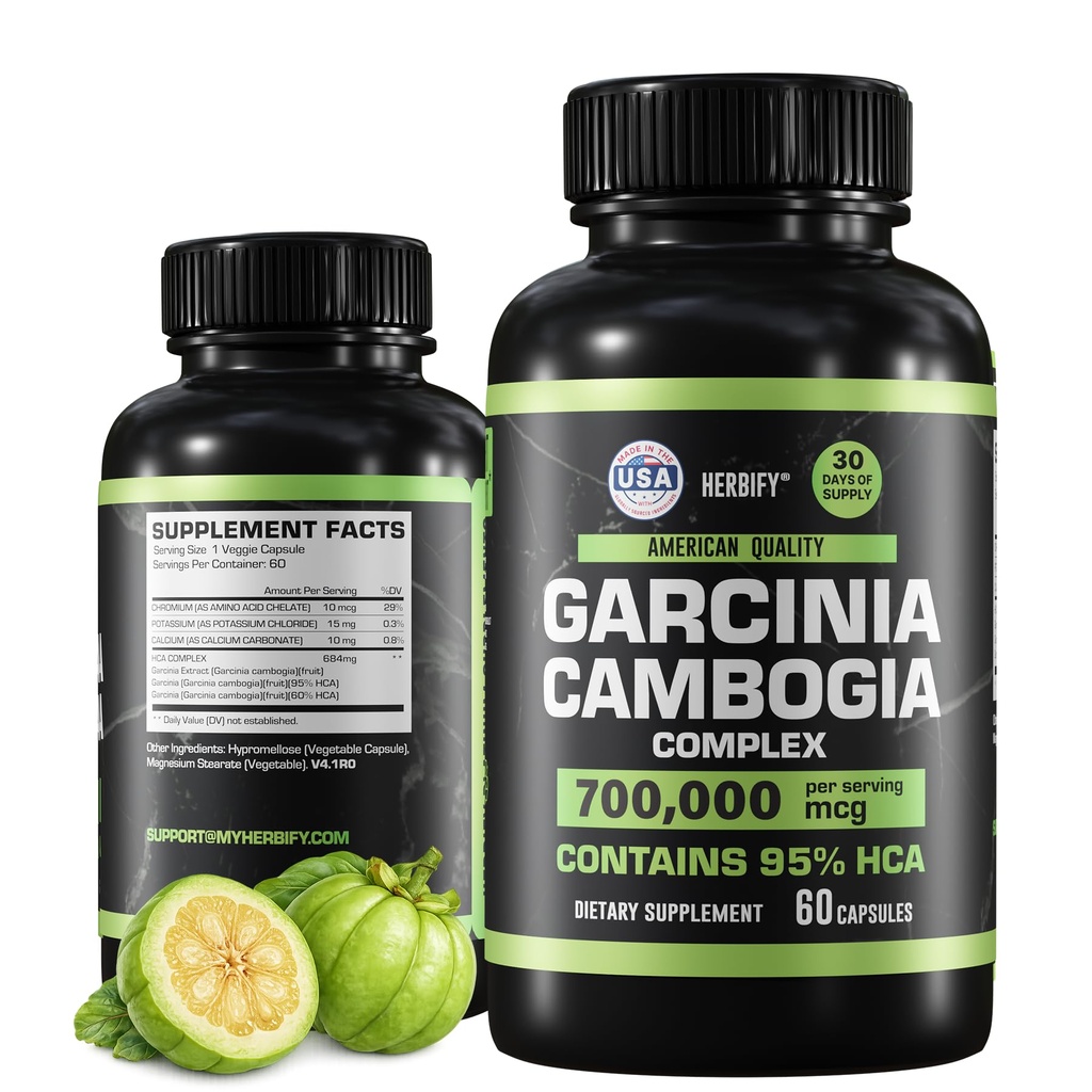 HerBIFY Garcinia Cambogia בריאות תמיכה תוסף לנשים וגברים - Herbal Extract with Antioxidant Properties - Energy Booster for Daily Vitality and Digestive Support - 60 Count