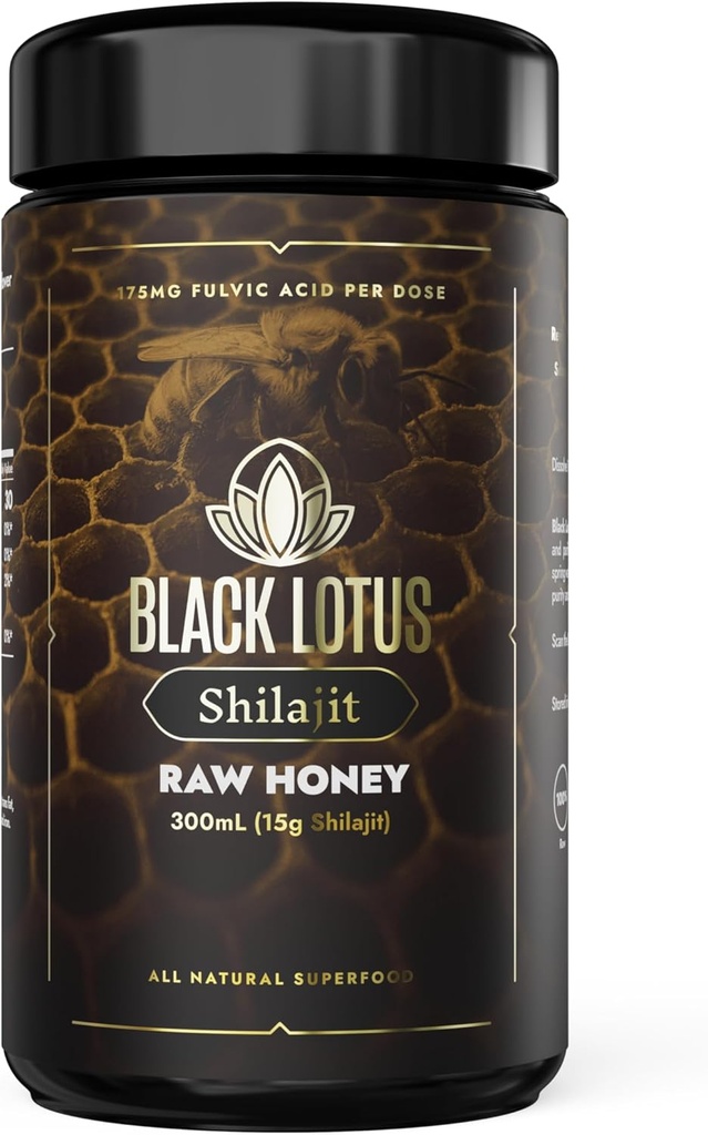 Black Lotus Pure Shilajit Resin Raw Honey Liquid Tincture, 300 מ"ל, 100% שילינג טבעי טהור לגברים ונשים, Amino Acids, 175 מ"ג Fulvic Acid, 85 Ionic Trace מינרלים, עבור תמיכה Immune, Focus, אנרגיה, אנרגיה, אנרגיה, Amino Acids, 175mg Fulvic Acid, 85 Ionic Trace מינרלים.