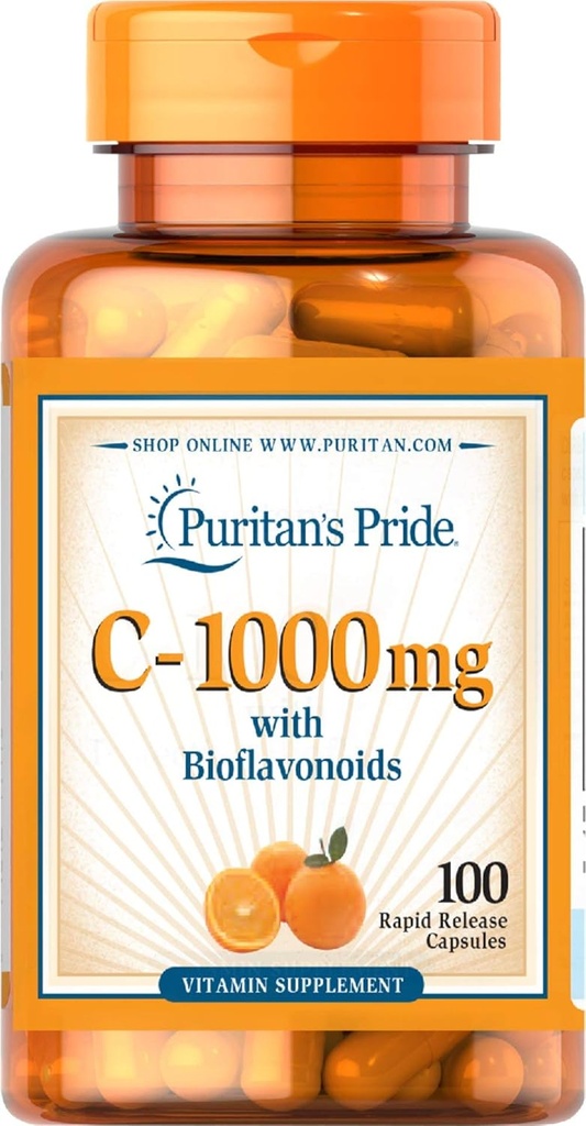 ויטמין C הגאווה של Puritan עם bioflavonoids עבור Immune System Support & Skin Health קפסולות | תוספת בריאה | Gluten Free | תוסף ויטמין Vegetarian - 100 Count Count