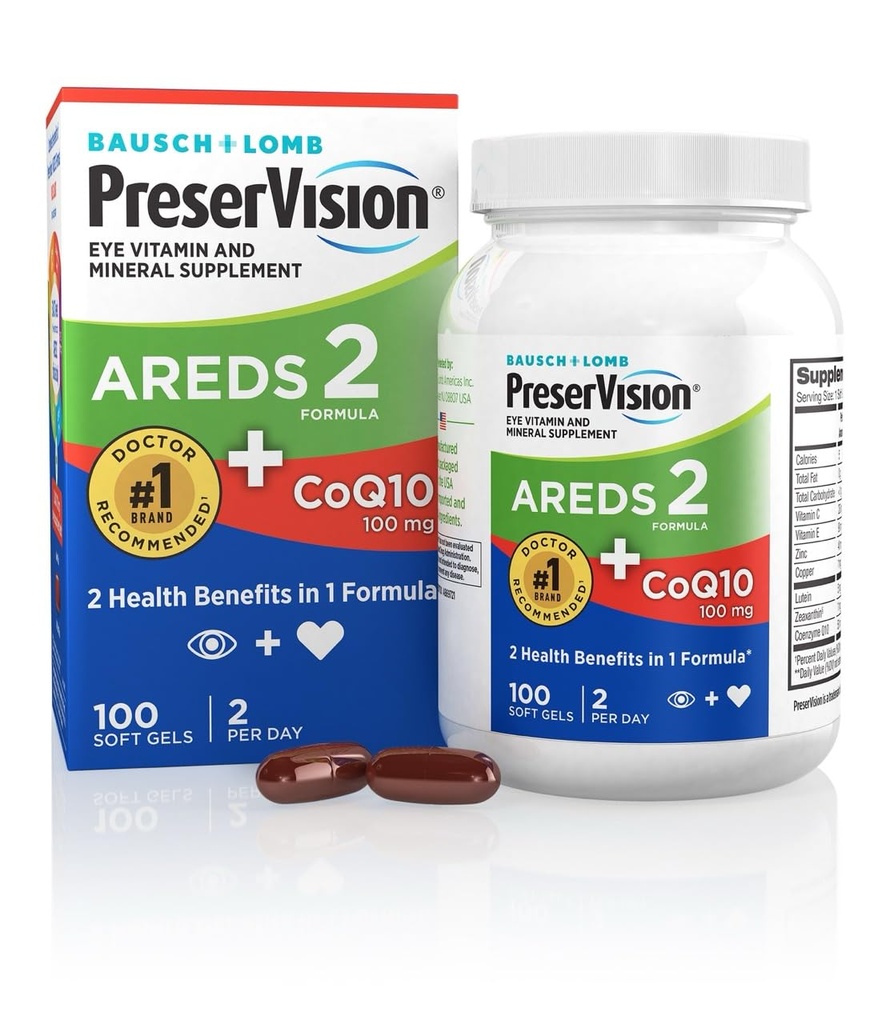 PreserVision AreDS 2 ויטמין עיניים עם CoQ10 לבריאות הלב, #1 רופא עיניים מומלץ ברנד, Lutein ו- Zeaxanthin תוספת עם ויטמין C & E, Zinc, ו-Copper, 100 Softgels