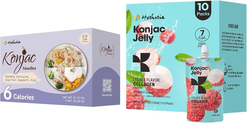 Hethstia Konjac Jelly Lychee Flavor עם Collagen Peptides 10 Packs ו Konjac Noodles Variety Gluten חינם 12 Packs Low Calorie, Keto, סוכר חינם, מזון בריא