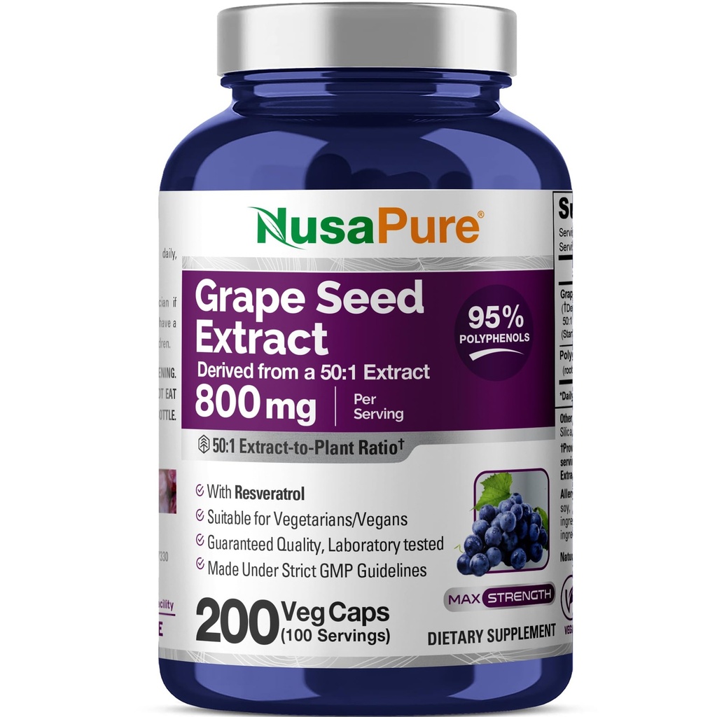 NusaPure Grape Seed לחלץ 40,000 מ"ג ל Caps, 200 קפסולות טבעוניות, סטנדרטי, non-GMO, Gluten Free, Resveratrol
