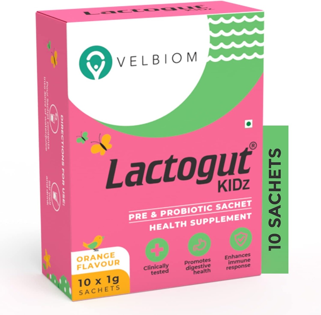אבקת Lactogut Kidz Probiotics עבור ילדים קל כדי לספור פרוביוטיקה עבור ילדים Gut בריאות, בריאות כללית ו- Immunity טבעונית פרובאנס קלינית - 1Gx10 Sachets (Orange Flavour)