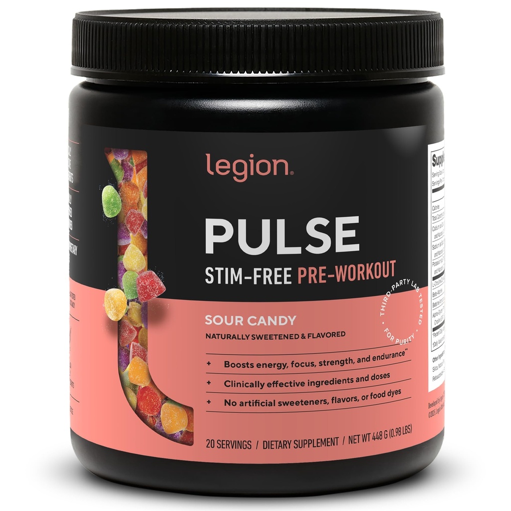 LEGION Pulse Pre Workout תוסף - All Natural Nitric Oxide Preworkout Drink to Boost Energy, Creatine Free, Sweetened, Alan Betaine, Citrulline, Alpha GPC (Caffeine Free Sour Candy)