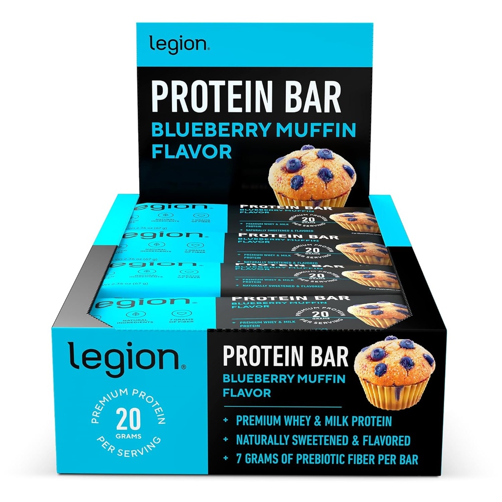 לגיון חלבון Bar Blueberry Muffin - 100% חלבון Whey, Soy Free חלבונים Bars עם Prebiotic סיבים - נמוך שומן שומן שמן חלבון בר - Gluten חינם, באופן טבעי, נמוך סוכר ברים (12 Count)