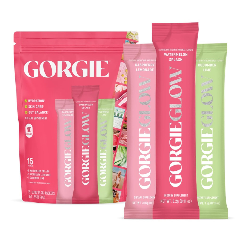 GORGIE Glow Variety Pack 15 Sticks, אבקת אלקטרוליטה משקה בריא לערבב, w / Hyaluronic Acid, Aquamin, ויטמין C & D, Probiotics, No Sugar, Antioxidants for Hydration, Skin Care ו- Gut Balance