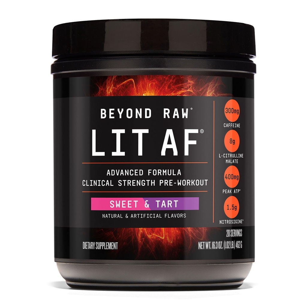 BeYOND RAW LIT Advanced Pre Workout Formula, Sweet and Tart, for Energy, Focus, Endurance, Pumps, עם 300mg Rapid ו Targeted Release Caffeine, Betaine, Betaine, Betaine, Tairine, 20 משרתים