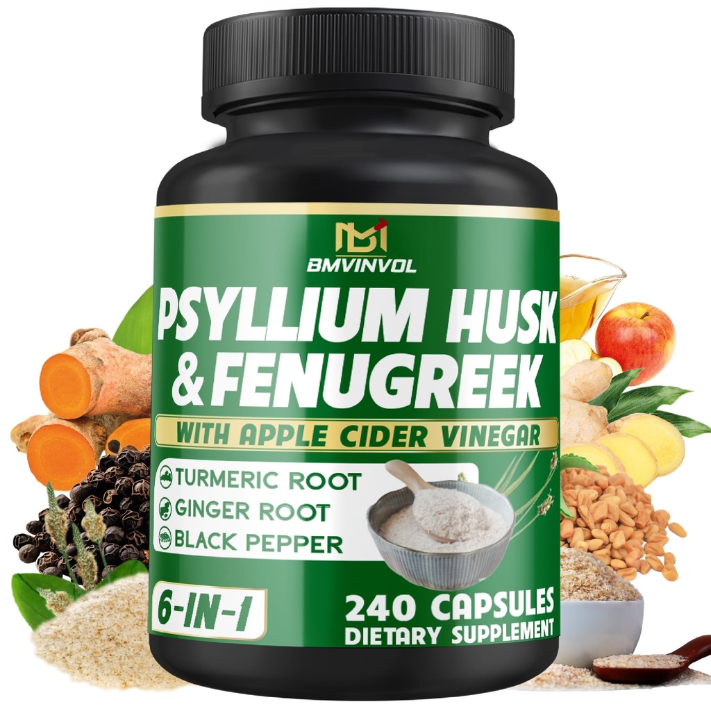 BMVINVOL Psyllium Husk סיבים תוספת עם Fenugreek, Apple Cider Vinegar, Turmeric, ג'ינג'ר, Black Pepper- Digest Support - 240 קפסולות