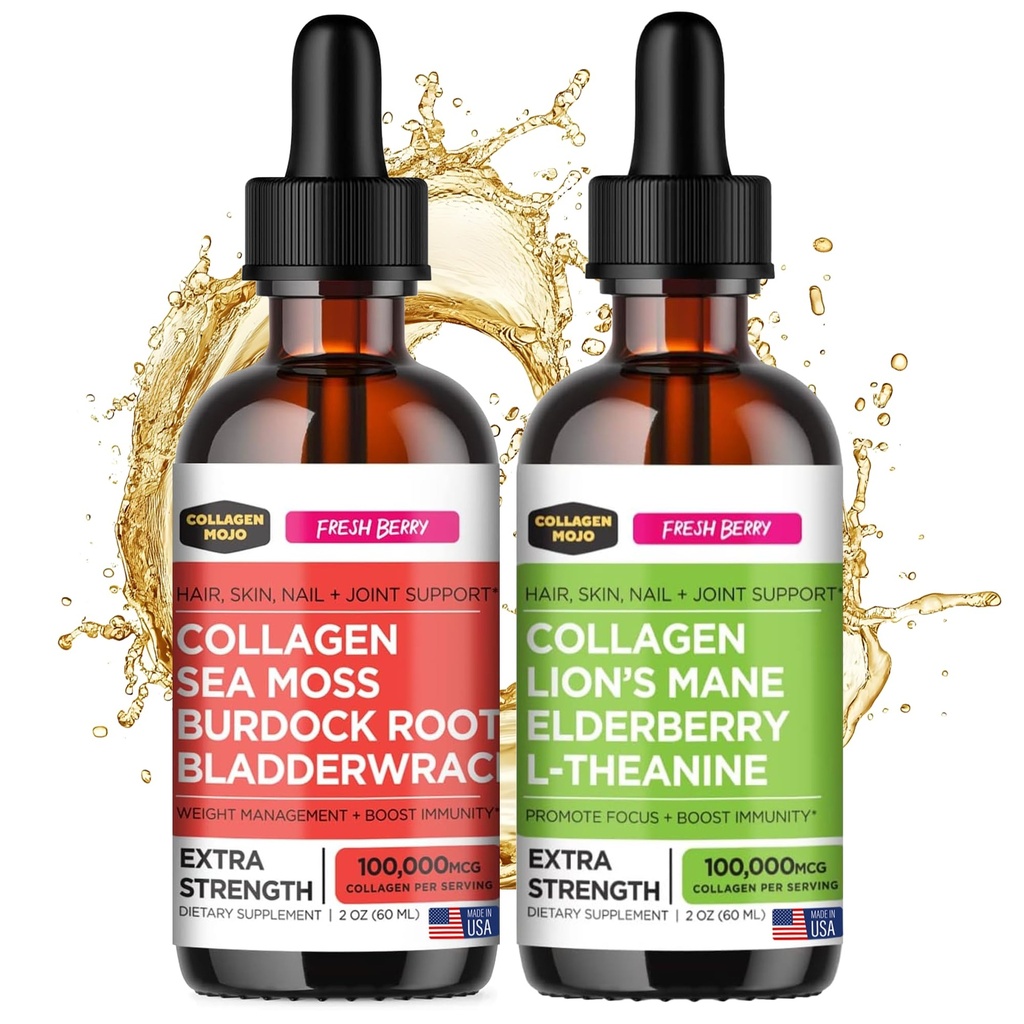Collagen Mojo Liquid Collagen Peptides with Sea Mosss, Burdock Root & Bladderwrack + Liquid Collagen Peptides with Lions Mane Mushroom, Elderberry & L-theanine