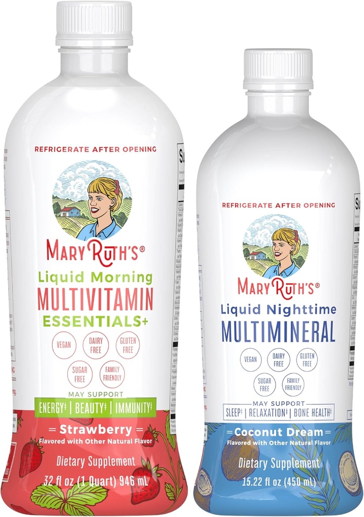 האותיות הקטנות של MaryRuth's Liquid Morning Multivitamin (Strawberry) & Yellow Nighttime Multimineral (Coconut, 15oz)