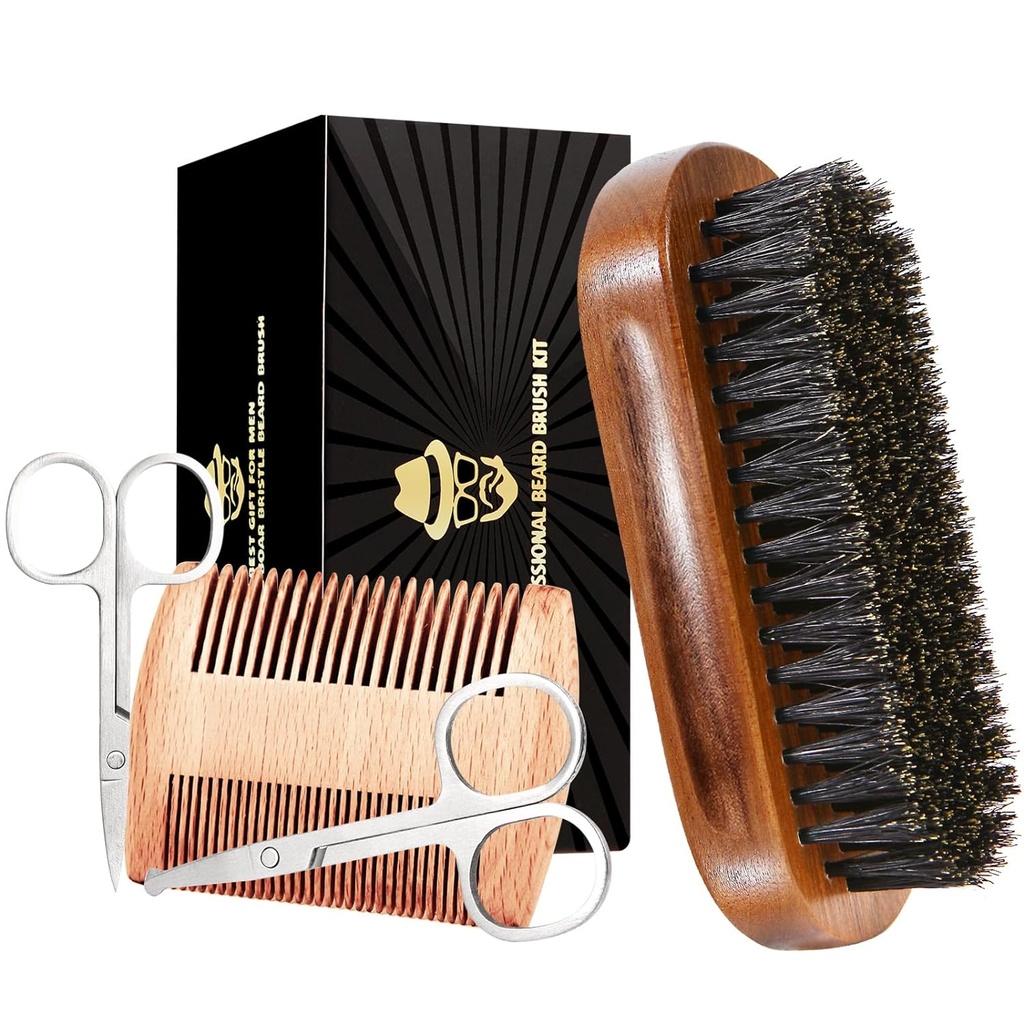 Beard Brush for Men, Boar Bristle Black Walnut Wood Beards ו- Mustaches Grooming Set כולל Pure Boar Bristle Beard Brush, Beard Comb, Mustachesors, ו- Travel Bag Bag