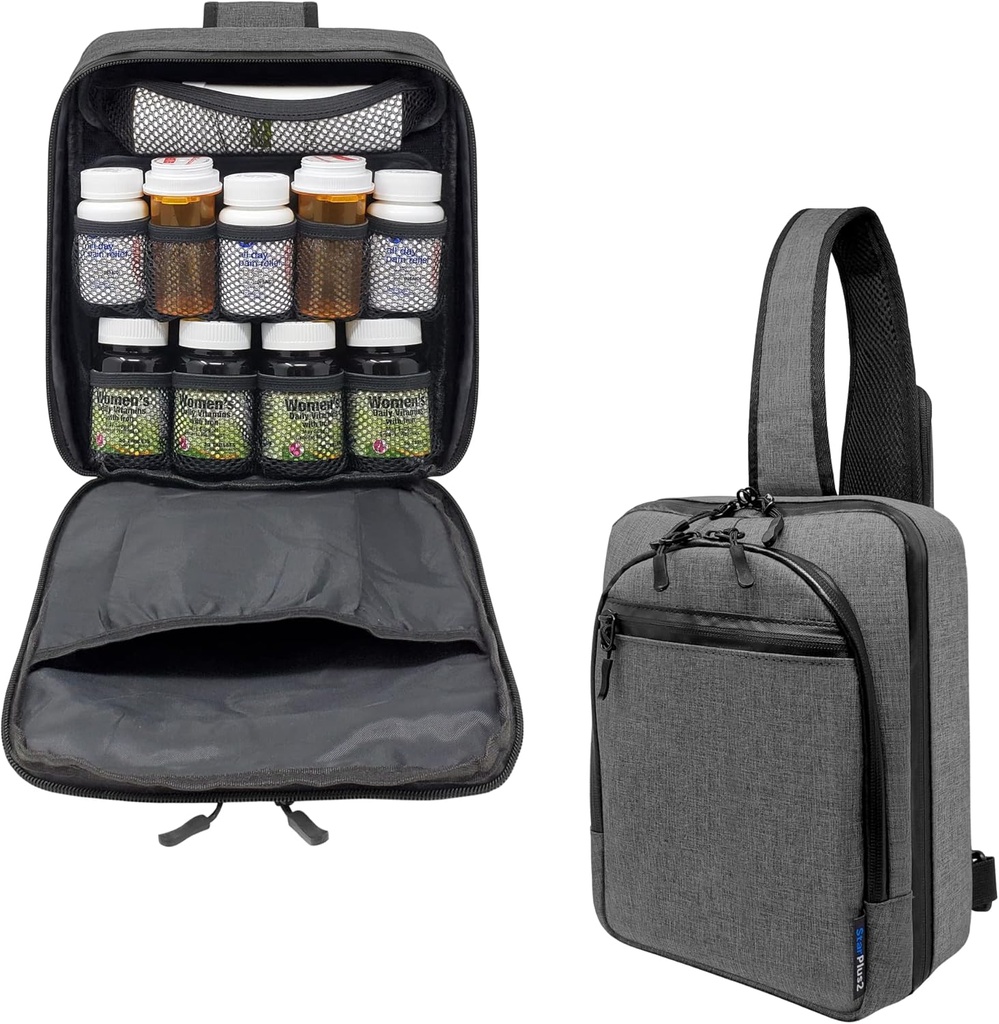Cross-Body Hands-Free Modular Pill Organer, Medicine Bag, Case, Carrier for Medicines, Vietnams ו- Medical Supplies - Heather Gray (ללא תשלום)