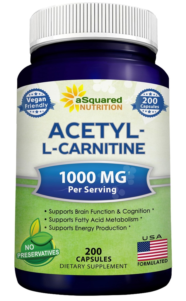 ASquared Nutrition Acetyl L-Carnitine 1000 מ"ג מקס כוח - 200 קפסולות Veggie - High Dosage Acetyl L Carnitine HCL (ALCAR) כדי לתמוך באנרגיה טהורה, תפקוד המוח ושומן Acid Acid Acid Acid