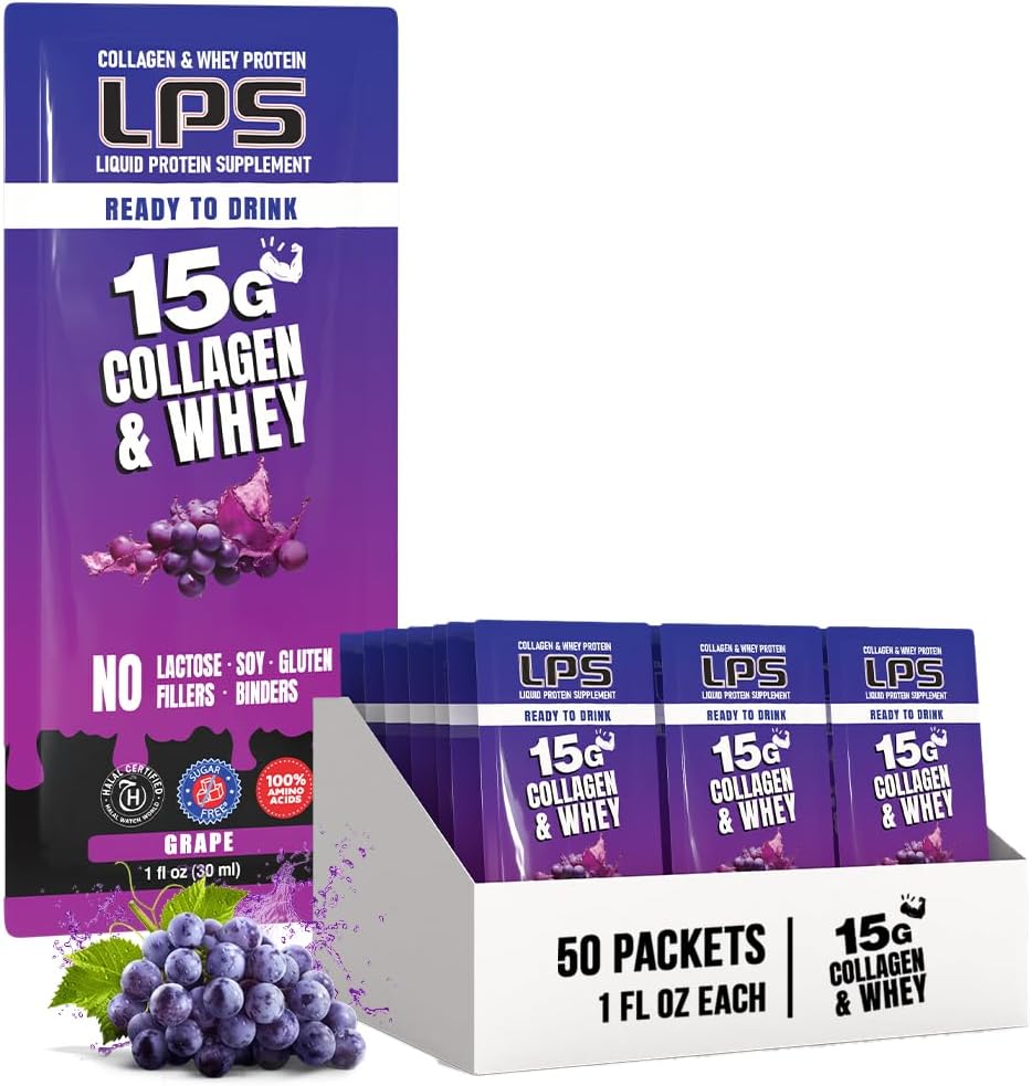 עיצוב תזונתי LPS נוזל קולגן & Whey חלבון תוספת - משקה non-GMO, סוכר חינם - מקדם עור בריא שיער לגברים ונשים, Grape, Single Serve (50 Packets)