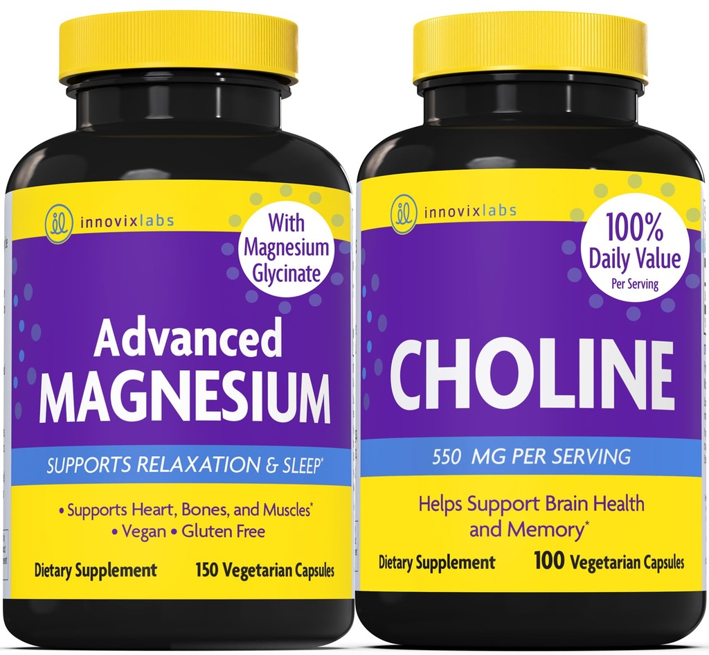 InnovixLabs Choline & Magnesium Bundle Choline Bitartrate 550 מ"ג (100 קפסולות) מתקדם מגנזיום (150 קפסולות). תמיכה בזיכרון, Mood, Brain Health & Boost Cognitive