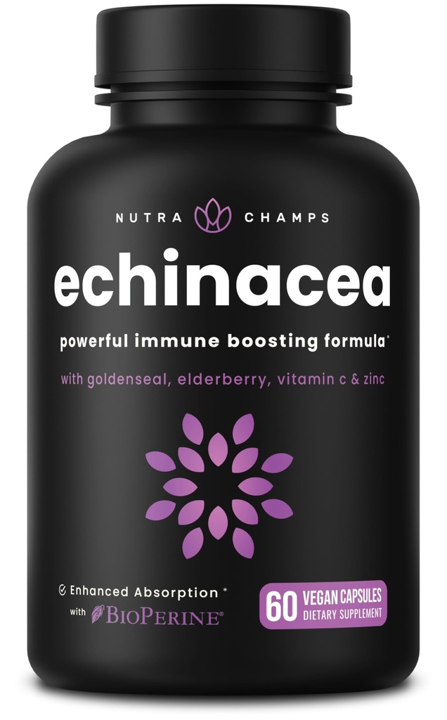 NutraChamps Echinacea קפסולות 1000 מ"ג - 8-in-1 Immune תוסף - Echinacea Goldenseal, ויטמין C, Zinc, ג'ינג'ר, Elderberry - 60 קפסולות