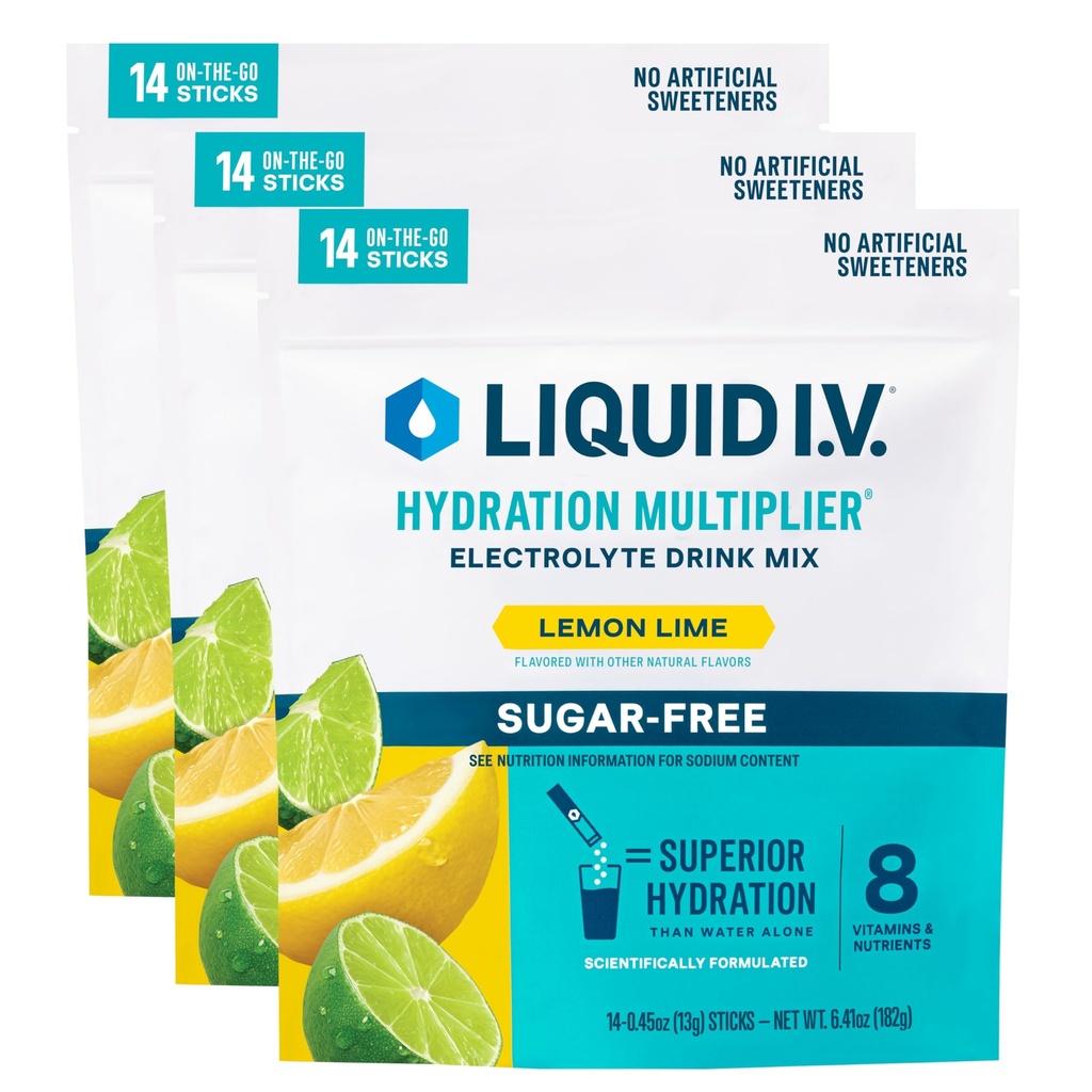 נוזל I.V. hydrotion Multiplier® Sugar-Free - לימון Lime - אבקת הידרה Packets | אבקת דלק אלקטרוליטית לשתות Mix | Convenient Single- Serveing Sticks | Non-GMO | 14 משרתים (Pack of 3)