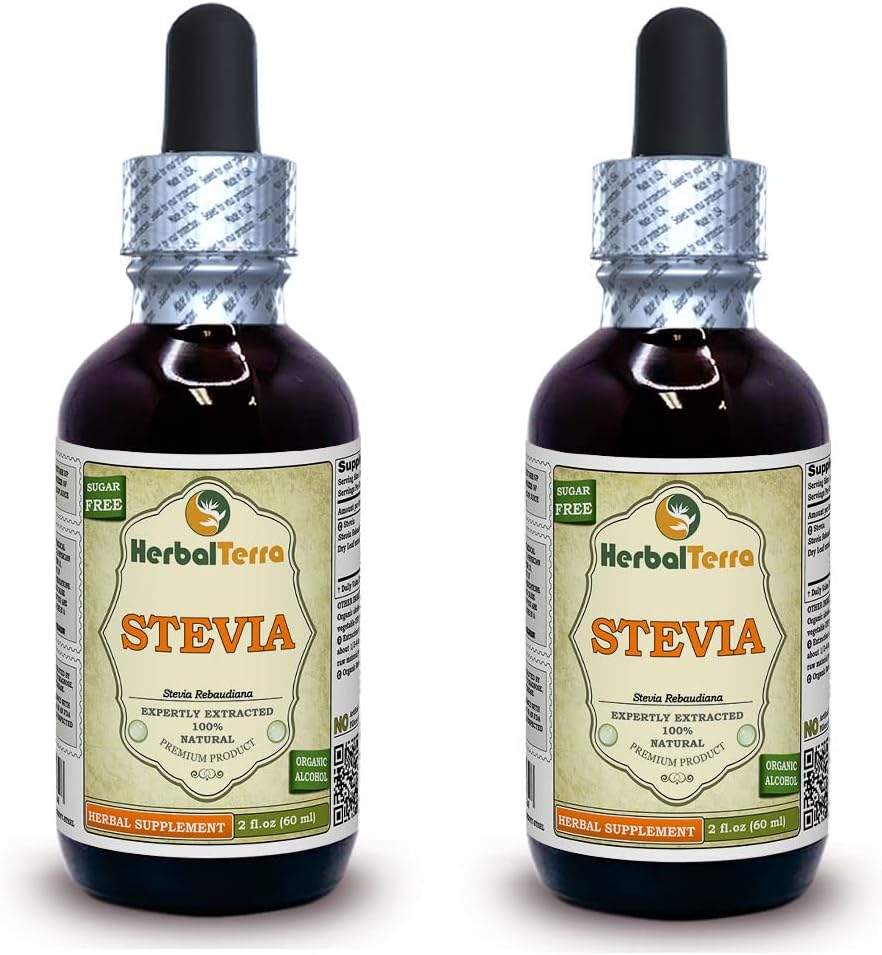 Stevia (Stevia Rebaudiana) Tincture, אורגני Dried Leaves לחלץ נוזלי (שם בדוי: HerbalTerra, המיוצר גאה בארה"ב) 2x2 fl.oz (2x60 מ"ל)