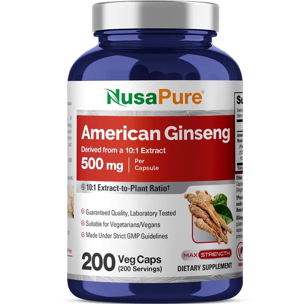NusaPure American Geneseng 10:1 לחלץ, 500 מ"ג שווה ל 5000 מ"ג - 200 קפסולות Veggie (Vegetarian, non-GMO, טבעוני)