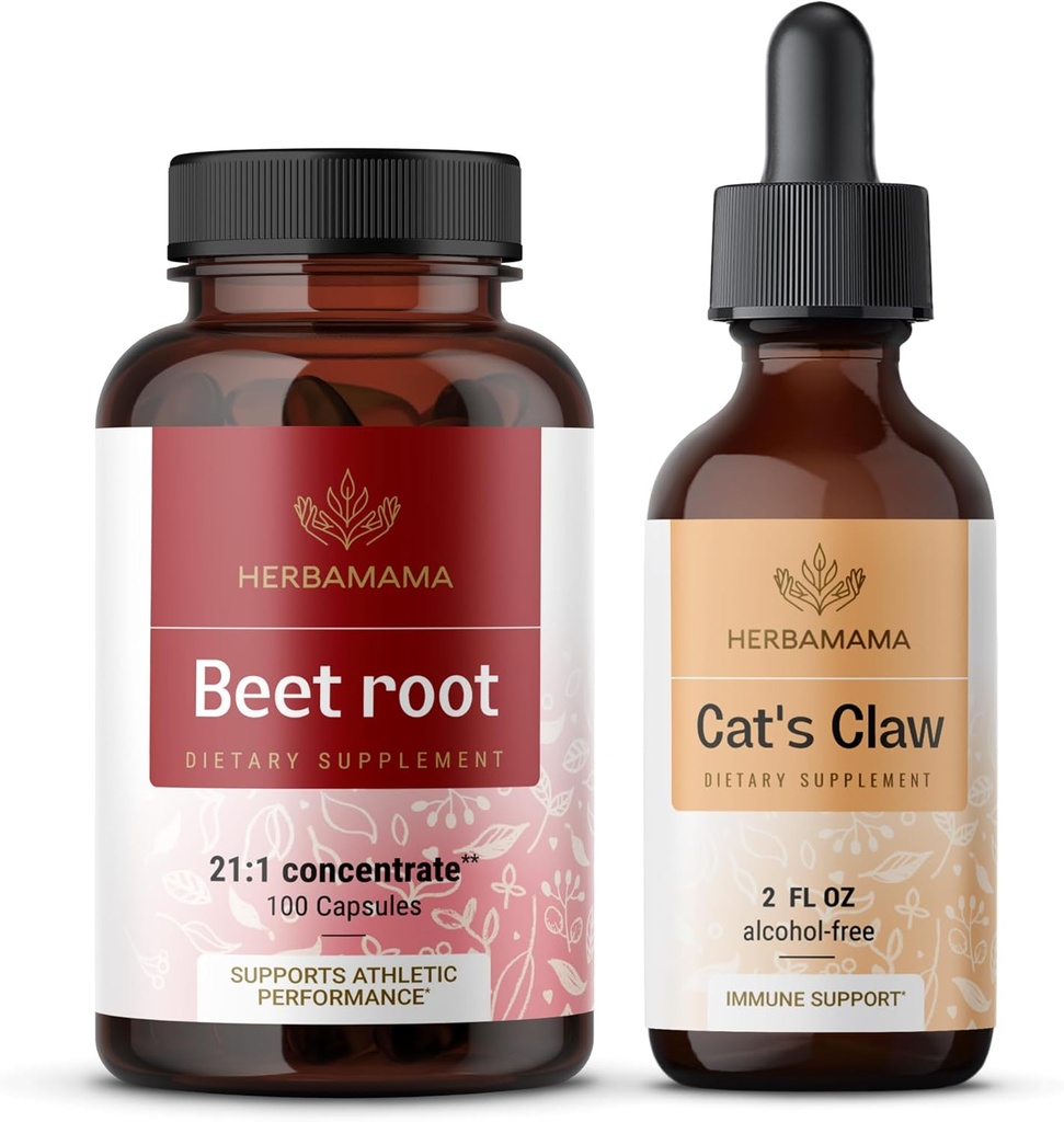 HerBAMAMA Beet Root and Cat's Claw Kit - Bundle של 21:1 ריכוז באט שורש וקט של Claw Tincture 2 oz - טבעוני, Non-GMO, סוכר ואלכוהול חינם - 2 Pack Pack