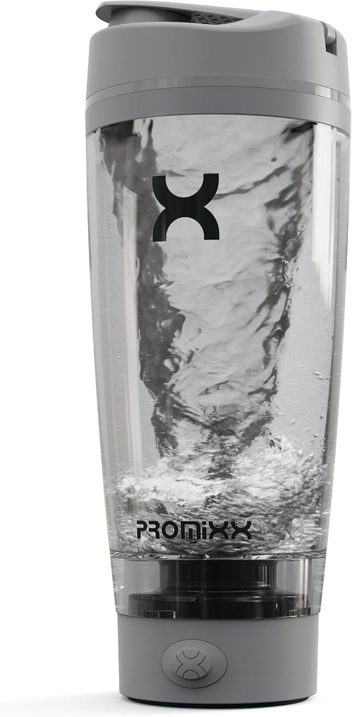 Promixx PRO Shaker Bottle New Edition - Rechargeable, Powerful for Smooth Protein Shakes - כולל תוספת אחסון, BPA חינם, 20oz גביע, Cool Gray
