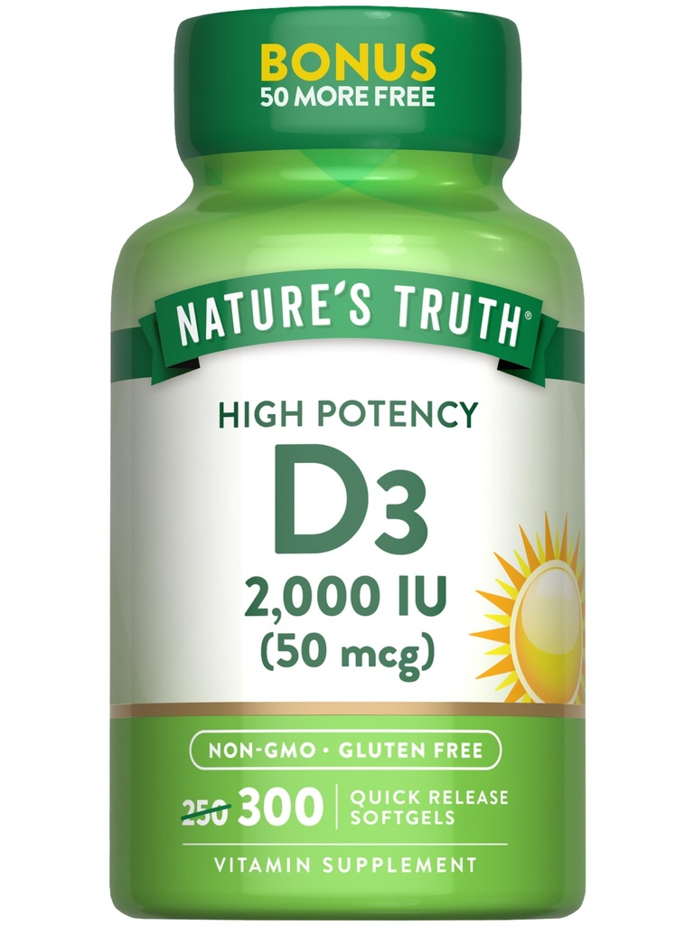 ויטמין D3 2000 IU | 300 Softgels | High Potency Formula